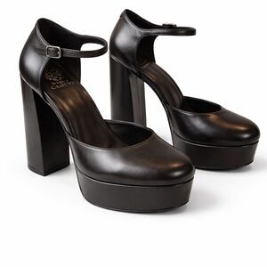 Vince Camuto Grelena Platform Block Heel Pumps Black Leather Ankle Strap Size 11